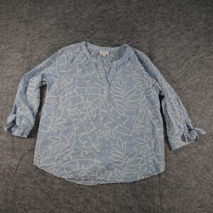 J Jill Top Womens Extra Small Blue White Floral Embroidered 3/4 Sleeve Bow VNeck